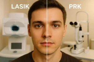 homem demonstrando um olho com lasik e outro olho com prk