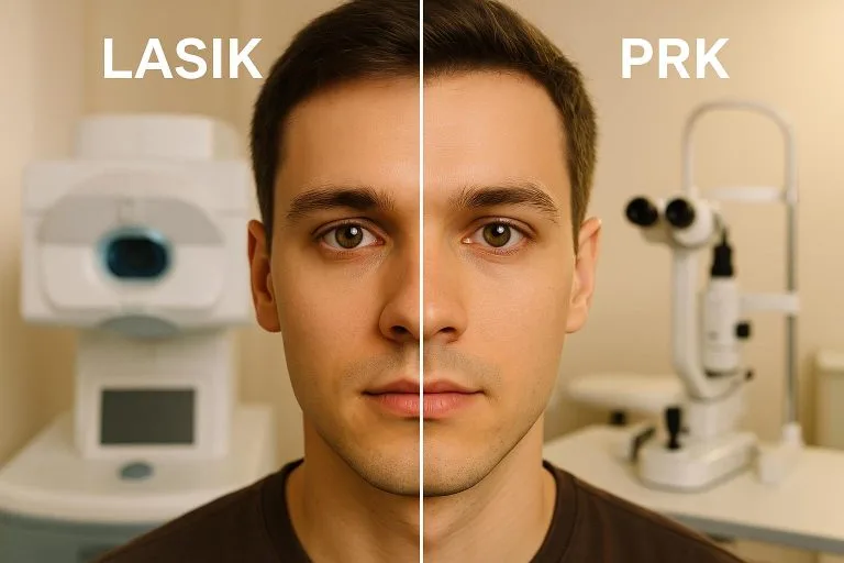 homem demonstrando um olho com lasik e outro olho com prk
